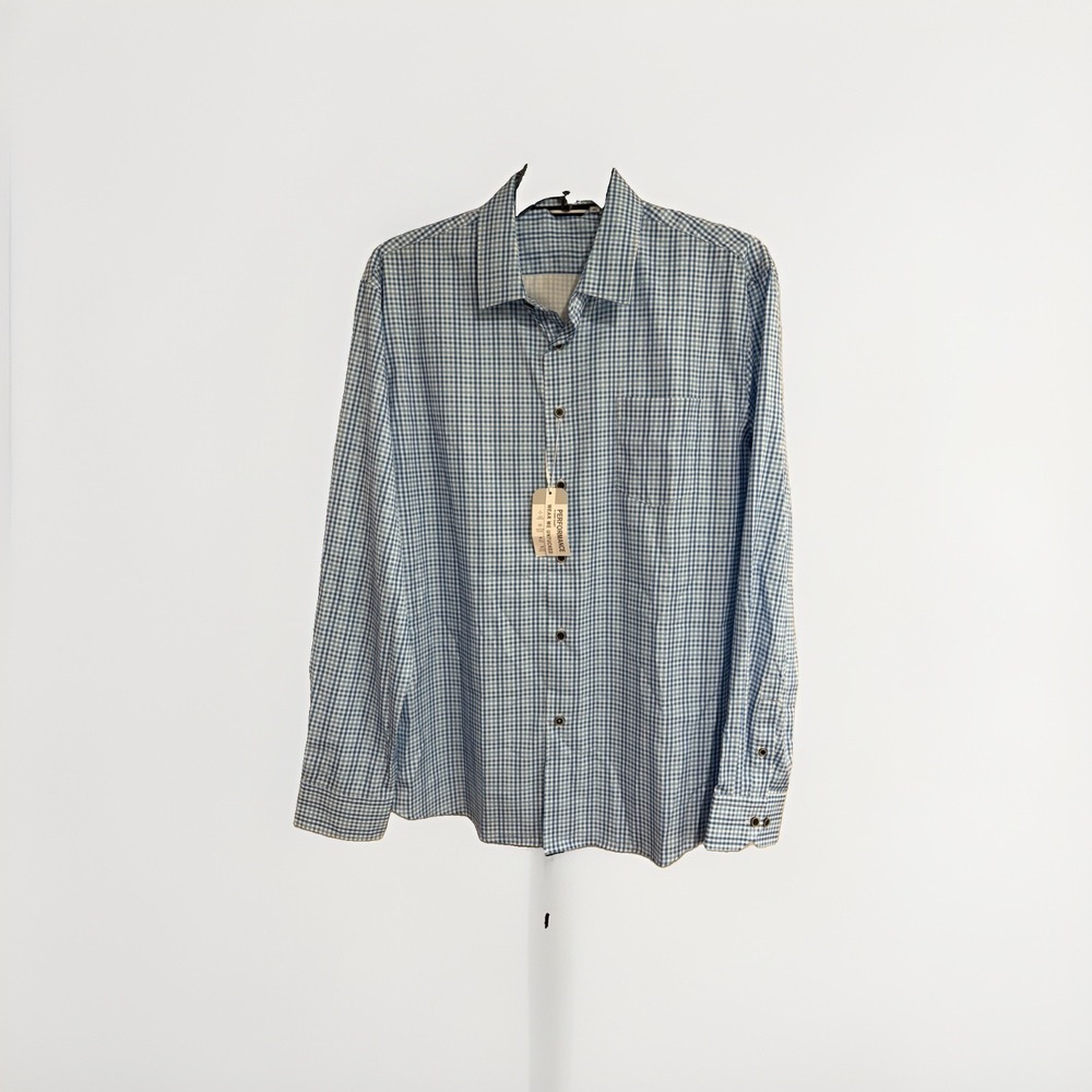 Mens XL Blue White Gingham Performance Shirt 4-Way Stretch NWT Untucked Fit F181